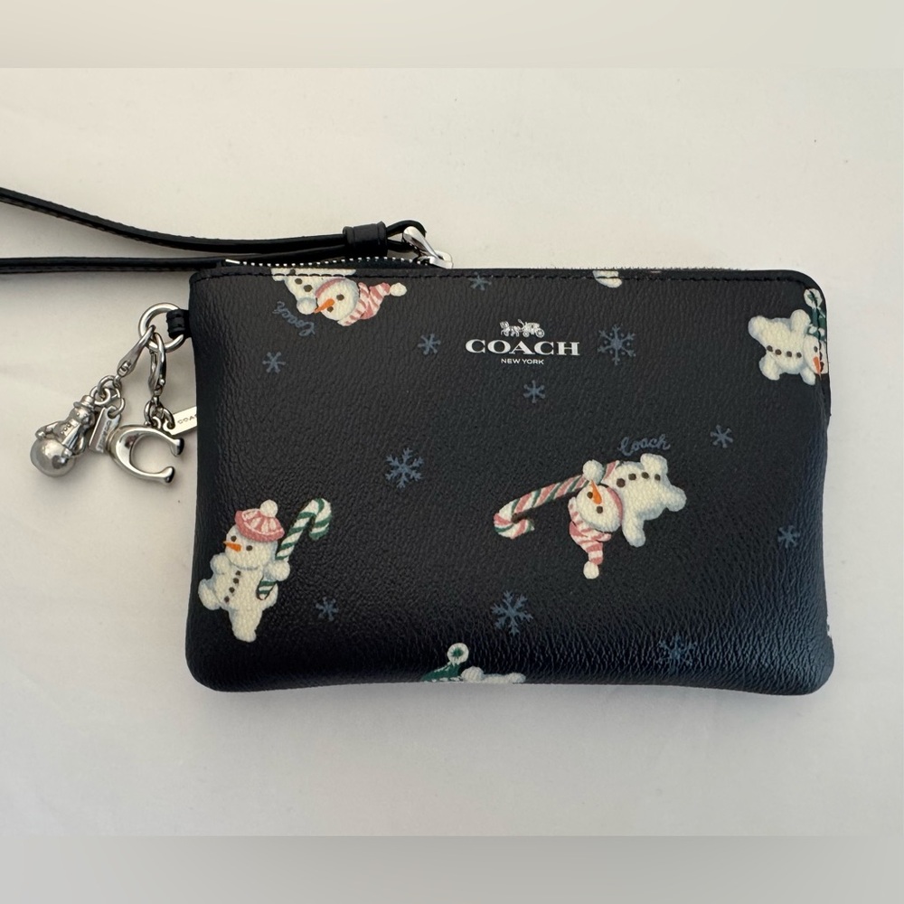Coach Navy Corner Zip Wristlet with Snowman Design